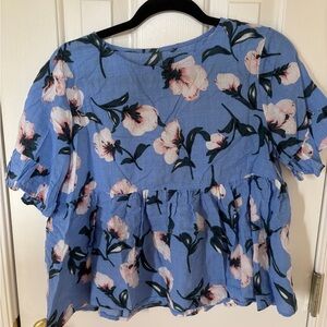 Sky Blue Short Sleeve Blouse with Ruffled Pink Floral Design